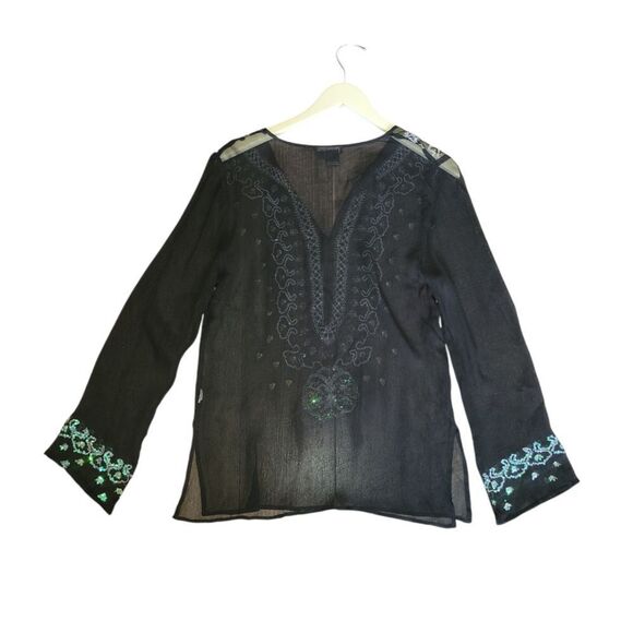 Venus Black Semi Sheer Silk Turquoise  Sequin Embroidered Beaded Tunic S - Picture 9 of 14